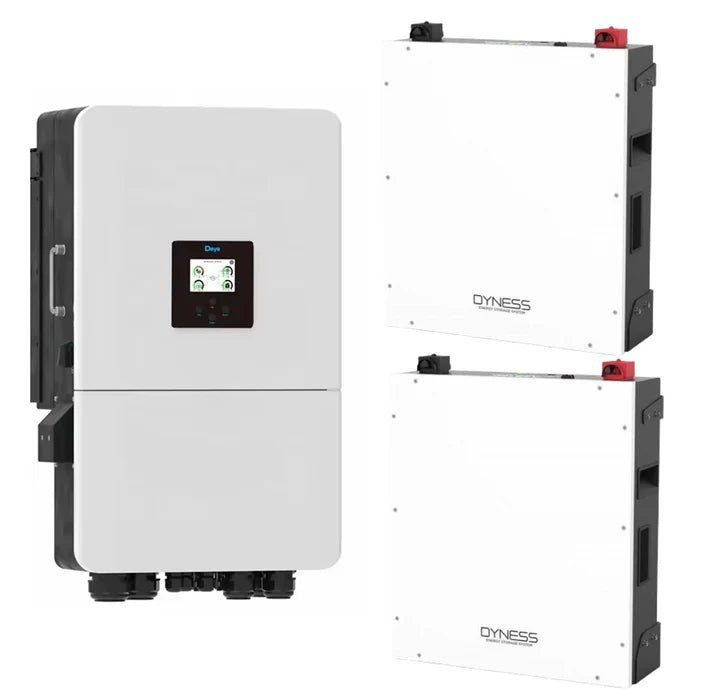 Deye 8KW Inverter 2 X Dyness 5.12KWh Lithium Batteries combo
Deye 8kw hybrid inverter has Higher yields
Improve self-consumption ratio up to 80%, reducing your electricity bill
DC/AC ratio up to 1.3, completely suitable for double-side PV modular
Two MPPT design, Max. efficiency of 97.6%
User-friendly
LCD Touch screen and buttons, easy operation
Compatible with lithium-ion battery and lead acid battery
Web browser and mobile App monitoring supported
Reliable
PV lighting protection, Anti-islanding protection, Leakage current protection etc
Support store energy from DG when needed, ensure the system working within 7*24H
IP65 protection degree, adapt to indoor and outdoor using
Automatically switch from on-grid to off-grid mode within 5ms
Zero exporting function, fast reaction within 200ms in zero export mode
Smart
Programmable charging and discharging schedule
Both wind turbines and solar panels can be connected as DC input power
Max. 16 units can be paralleled for higher system power
Retrofitting of existing solar system to energy storage system
Dyness DL5.0C Lithium Battery (51.2V100AH 5.12 KWH)
Solar Battery – Unlock the Power of Solar Independence with the Dyness DL5.0C 5.12kWh Lithium Battery
UPGRADED TO 1C
Introducing the Dyness dl5.0c, a remarkable innovation in renewable energy storage. The BX51100 is a 5.12kWh Lithium-ion solar Battery Module pack equipped with a cutting-edge BMS (Battery Management System) that provides robust protection against overcharging, over-discharging, and short circuits. This powerful battery delivers continuous output power for enhanced performance and unparalleled reliability.
Key Specifications:
Capacity: 5.12kWh
Battery Type: Lithium-ion
Continuous Output Power
Battery Management System (BMS): Yes
Protection Features: Overcharging, Over-discharging, Short Circuit Protection
Cycle Life: Ensuring a long-lasting energy solution
Combo includes:
1x Deye 8kwh Hybrid Inverter Including Wifi Dongle
(5 Years Warranty)
2x Dyness DL5.0C Lithium Battery (51.2V100AH 5.12 KWH) 10 Year Warranty
Battery cables and brackets included
